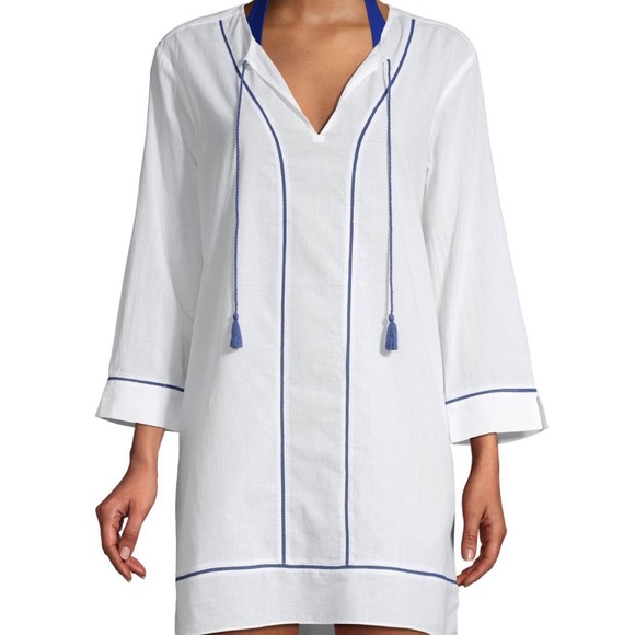 New!! Marabelle White/Navy Shirtdress Tassel Swim Coverup Size Large🤍🌊 - Picture 2 of 11